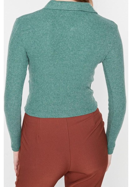 Stil Kadın Düğme Detaylı Vücuda Oturan Polo Yaka Fitilli Esnek Bluz Crop Örme Slim Kalıp indirimleri