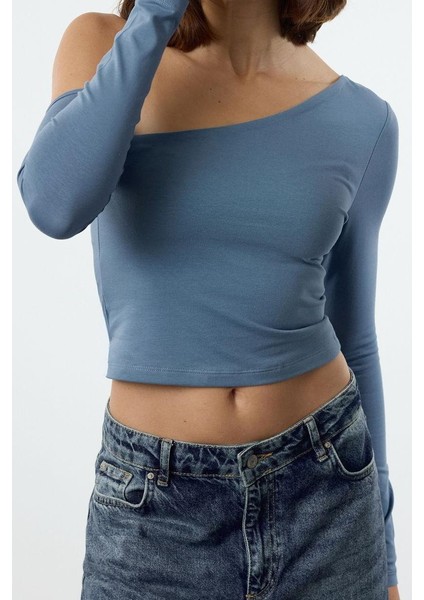 Stil Kadın Tek Omuz Pamuklu Fit Bluz Crop Örme Slim Kalıp Düşük Kol