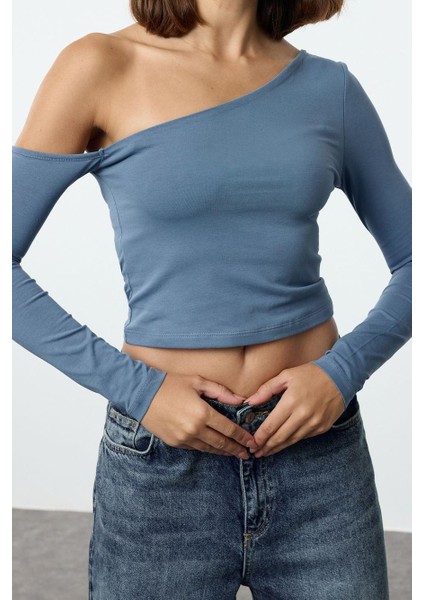 Stil Kadın Tek Omuz Pamuklu Fit Bluz Crop Örme Slim Kalıp Düşük Kol fiyatları