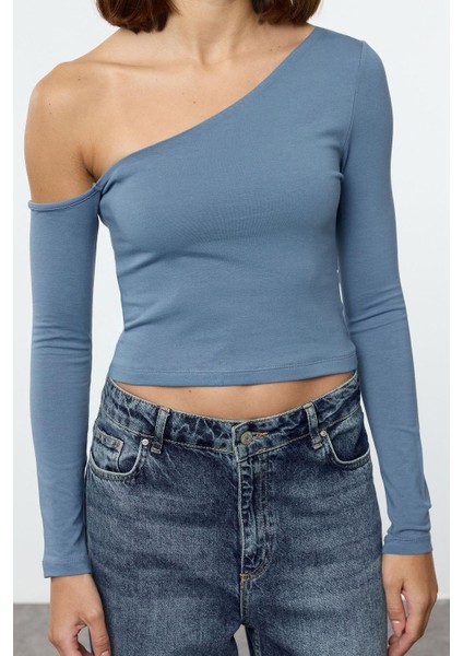 Stil Kadın Tek Omuz Pamuklu Fit Bluz Crop Örme Slim Kalıp Düşük Kol modelleri