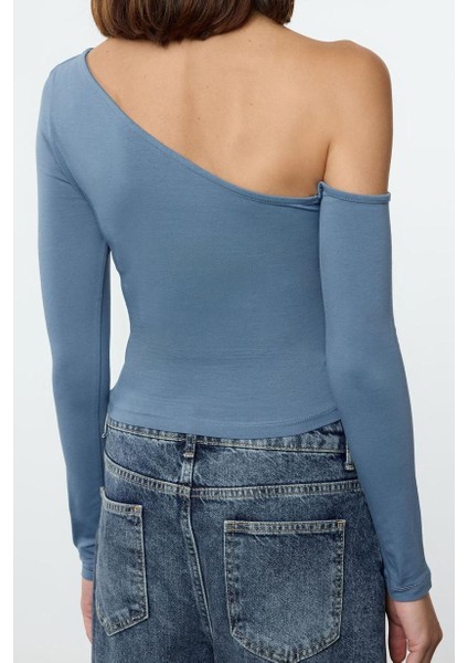 Stil Kadın Tek Omuz Pamuklu Fit Bluz Crop Örme Slim Kalıp Düşük Kol indirimleri