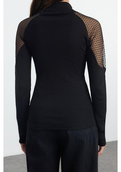 Kadın Regular Dik Yaka Reglan Kol Slim Kalıp Örme Tül Garni Fitted Vücuda Oturan Fitilli Esnek Bluz