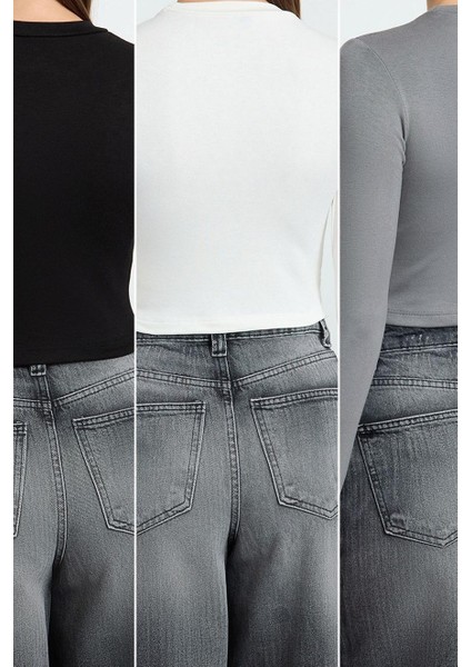 Stil Kadın Siyah-Beyaz-Vizon 3lü Paket Vücuda Oturan Bluz Crop Örme Fitted Kalıp fiyatları