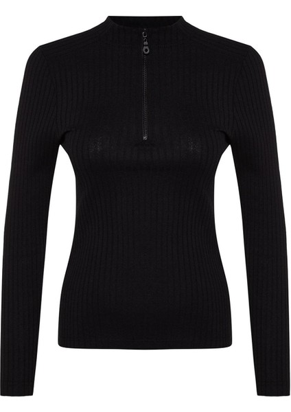 Kadın Moda Şık Regular Fermuarlı Yaka Regular Kalıp Örme Fitted Vücuda Oturan Fitilli Esnek Bluz