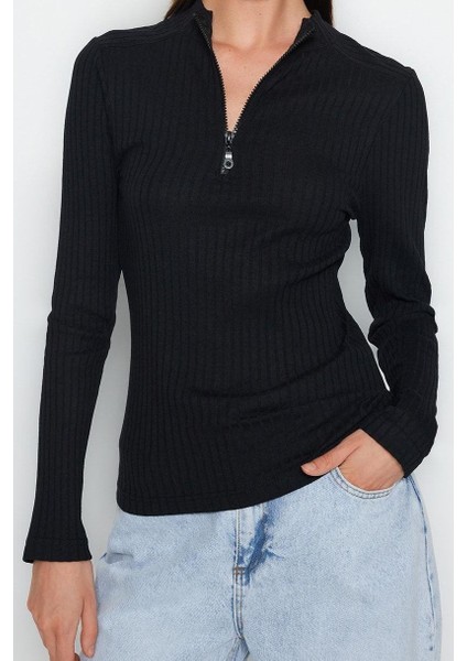 Kadın Moda Şık Regular Fermuarlı Yaka Regular Kalıp Örme Fitted Vücuda Oturan Fitilli Esnek Bluz fiyatları