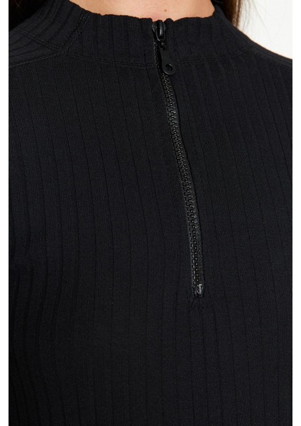 Kadın Moda Şık Regular Fermuarlı Yaka Regular Kalıp Örme Fitted Vücuda Oturan Fitilli Esnek Bluz fırsatları