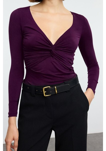 Stil Kadın Büzgü Drape Detaylı Fitted Vücuda Oturan Kollu Esnek Bluz Crop Örme Slim Kalıp