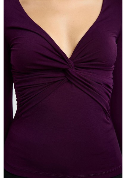 Stil Kadın Büzgü Drape Detaylı Fitted Vücuda Oturan Kollu Esnek Bluz Crop Örme Slim Kalıp fiyatları