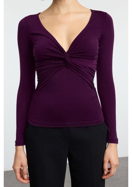Stil Kadın Büzgü Drape Detaylı Fitted Vücuda Oturan Kollu Esnek Bluz Crop Örme Slim Kalıp modelleri