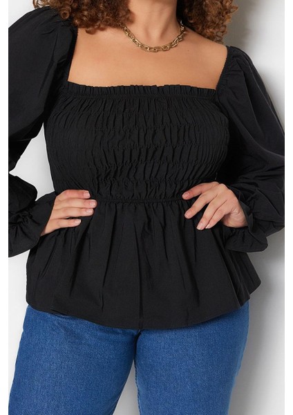 Stil Kadın Gipeli Bluz Crop Dokuma Fitted Kalıp Büyük Beden Büzgülü/fırfırlı Kol