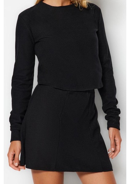 Stil Kadın Düşük Omuzlu Selanik Triko Görünümlü Bluz Crop Örme Regular Kalıp