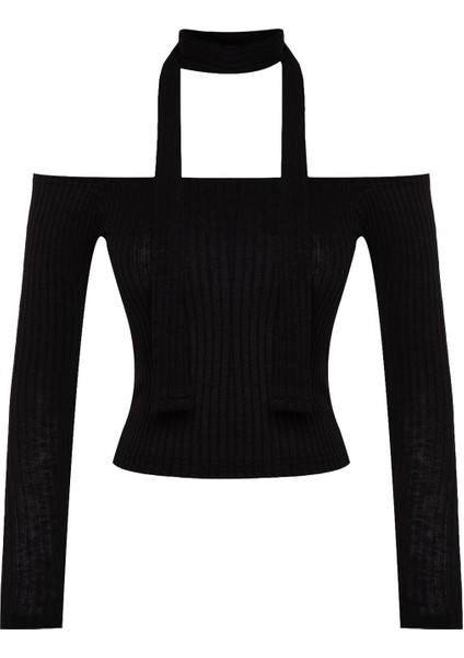 Kadın Moda Şık Crop Carmen Yaka Slim Kalıp Örme Fitilli Şal Detaylı Fitted Vücuda Oturan Esnek Bluz