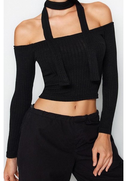 Kadın Moda Şık Crop Carmen Yaka Slim Kalıp Örme Fitilli Şal Detaylı Fitted Vücuda Oturan Esnek Bluz fiyatları