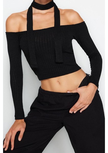 Kadın Moda Şık Crop Carmen Yaka Slim Kalıp Örme Fitilli Şal Detaylı Fitted Vücuda Oturan Esnek Bluz modelleri