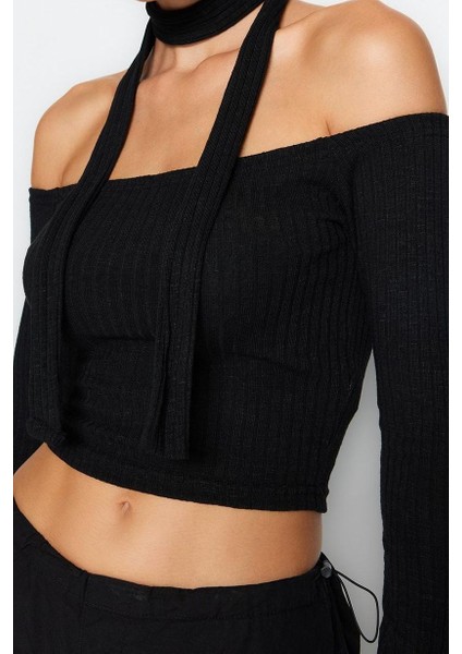 Kadın Moda Şık Crop Carmen Yaka Slim Kalıp Örme Fitilli Şal Detaylı Fitted Vücuda Oturan Esnek Bluz fırsatları