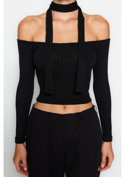 Kadın Moda Şık Crop Carmen Yaka Slim Kalıp Örme Fitilli Şal Detaylı Fitted Vücuda Oturan Esnek Bluz indirimleri