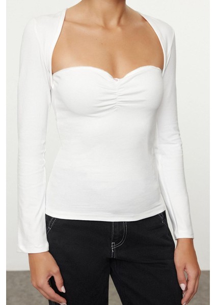 Kadın Moda Şık Regular Kalp Yaka Slim Kalıp Örme Büzgü Drape ve Aksesuar Detaylı Dar Kalıp Boy Bluz