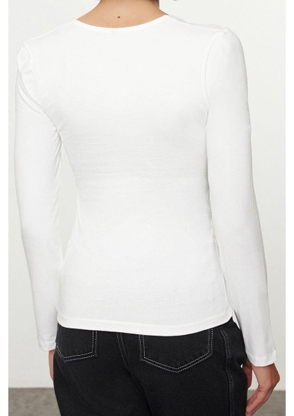 Kadın Moda Şık Regular Kalp Yaka Slim Kalıp Örme Büzgü Drape ve Aksesuar Detaylı Dar Kalıp Boy Bluz fırsatları