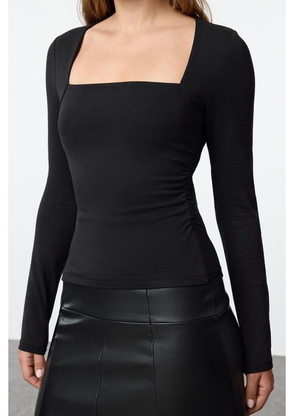 Kadın Moda Şık Üst Giyim Regular Kare Yaka Slim Kalıp Örme Büzgü Drape Detaylı Vücuda Oturan Bluz