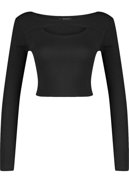 Stil Kadın Fitilli Fitted Vücuda Oturan Pencere Cut Out Detaylı Esnek Bluz Crop Örme Slim Kalıp