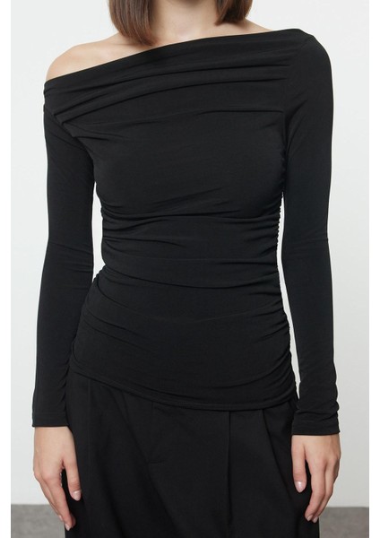 Kadın Regular Asimetrik Yaka Slim Kalıp Örme Büzgü Drape Fitted Vücuda Oturan Kollu Esnek Bluz