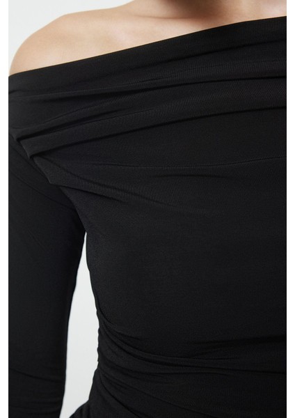 Kadın Regular Asimetrik Yaka Slim Kalıp Örme Büzgü Drape Fitted Vücuda Oturan Kollu Esnek Bluz