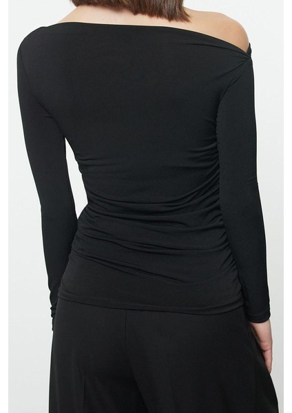 Kadın Regular Asimetrik Yaka Slim Kalıp Örme Büzgü Drape Fitted Vücuda Oturan Kollu Esnek Bluz