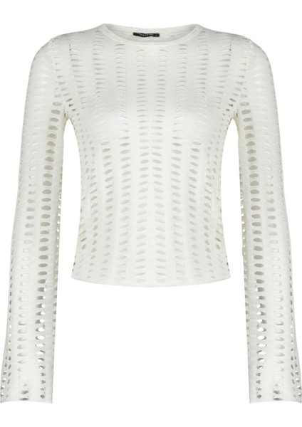 Kadın Moda Şık Üst Giyim Crop Bisiklet Yaka Ispanyol Kol Regular Kalıp Örme Fileli Slim Fit Bluz