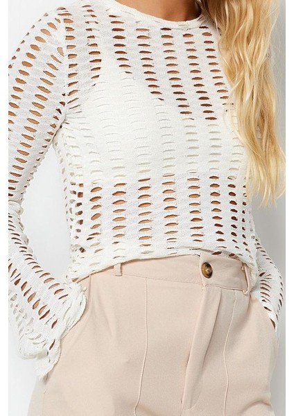 Kadın Moda Şık Üst Giyim Crop Bisiklet Yaka Ispanyol Kol Regular Kalıp Örme Fileli Slim Fit Bluz fiyatları