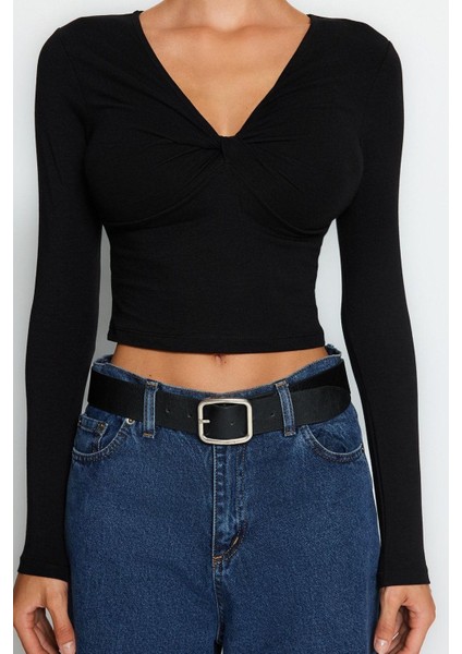 Kadın Moda Şık Regular V Yaka Slim Kalıp Örme Pamuklu Göğsü Büzgülü Fitted Vücuda Oturan Boy Bluz