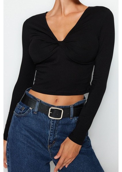 Kadın Moda Şık Regular V Yaka Slim Kalıp Örme Pamuklu Göğsü Büzgülü Fitted Vücuda Oturan Boy Bluz modelleri