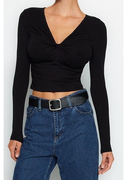 Kadın Moda Şık Regular V Yaka Slim Kalıp Örme Pamuklu Göğsü Büzgülü Fitted Vücuda Oturan Boy Bluz fırsatları