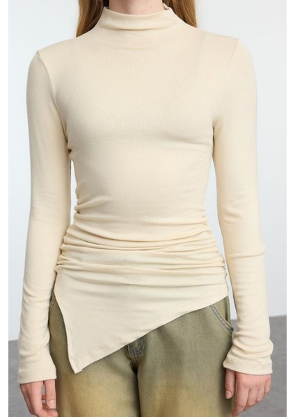 Kadın Moda Şık Üst Giyim Crop Dik Yaka Slim Kalıp Örme Fitted Büzgü Drape Detaylı Bluz