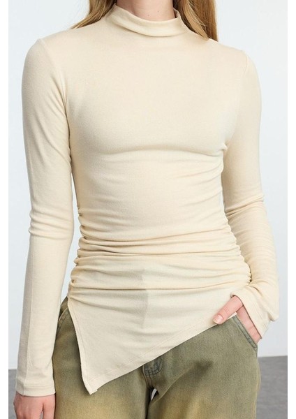 Kadın Moda Şık Üst Giyim Crop Dik Yaka Slim Kalıp Örme Fitted Büzgü Drape Detaylı Bluz fiyatları