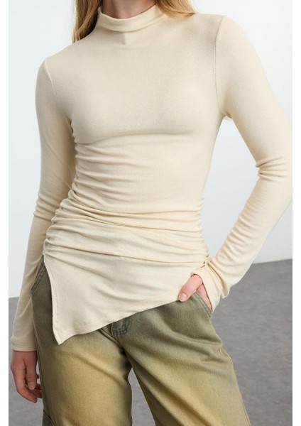 Kadın Moda Şık Üst Giyim Crop Dik Yaka Slim Kalıp Örme Fitted Büzgü Drape Detaylı Bluz modelleri