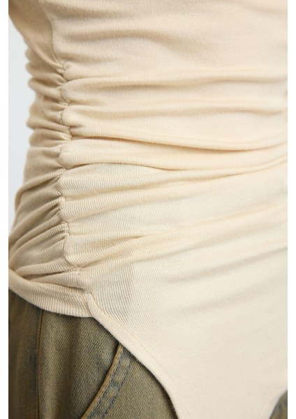 Kadın Moda Şık Üst Giyim Crop Dik Yaka Slim Kalıp Örme Fitted Büzgü Drape Detaylı Bluz fırsatları