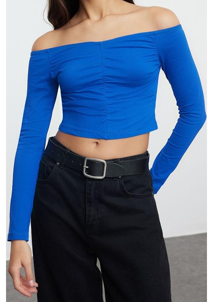 Stil Kadın Büzgü Drape Detaylı Kısa Fitted Vücuda Oturan Bluz Crop Örme Slim Kalıp