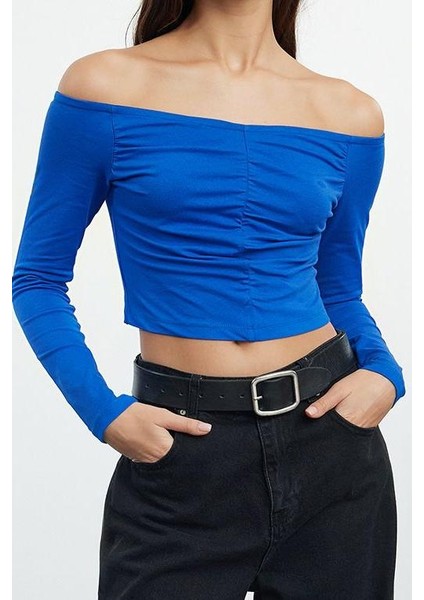 Stil Kadın Büzgü Drape Detaylı Kısa Fitted Vücuda Oturan Bluz Crop Örme Slim Kalıp