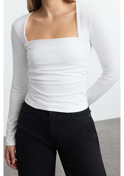 Kadın Moda Şık Üst Giyim Regular Kare Yaka Slim Kalıp Örme Büzgü Drape Detaylı Vücuda Oturan Bluz fiyatları