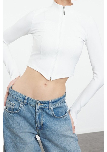 Stil Kadın Fitted Vücuda Oturan Fermuarlı Esnek Bluz Crop Örme Regular Kalıp