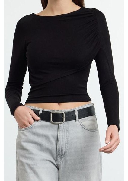 Kadın Moda Şık Üst Giyim Crop Bisiklet Yaka Fitted Kalıp Örme Büzgü Drape Detaylı Vücuda Oturan Bluz fiyatları
