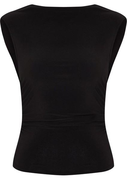 Kadın Moda Şık Üst Giyim Regular Degaje Yaka Fitted Kalıp Örme Sırt Detaylı Zincir Aksesuarlı Bluz