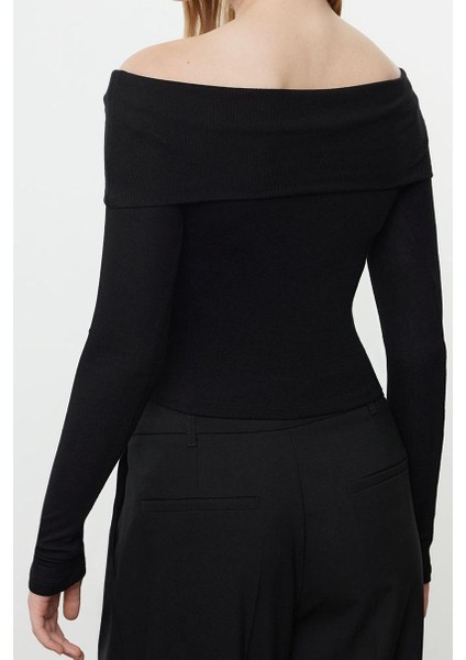 Kadın Moda Şık Üst Giyim Crop Carmen Yaka Slim Kalıp Örme Kısa Esnek Bluz indirimleri