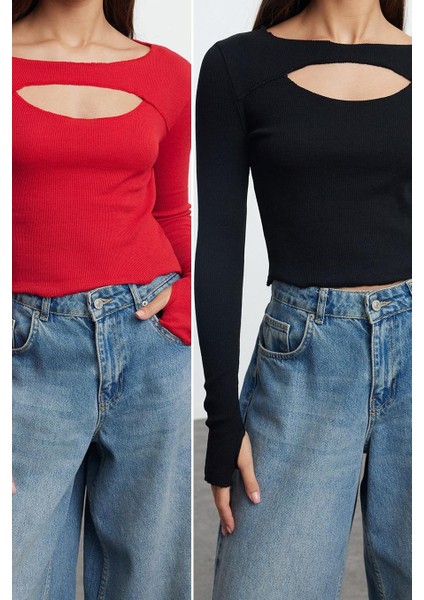Kadın Crop Bisiklet Yaka Slim Kalıp Örme 2li Cut Out Detaylı Fitted Vücuda Oturan Fitilli Esnek Bluz fiyatları