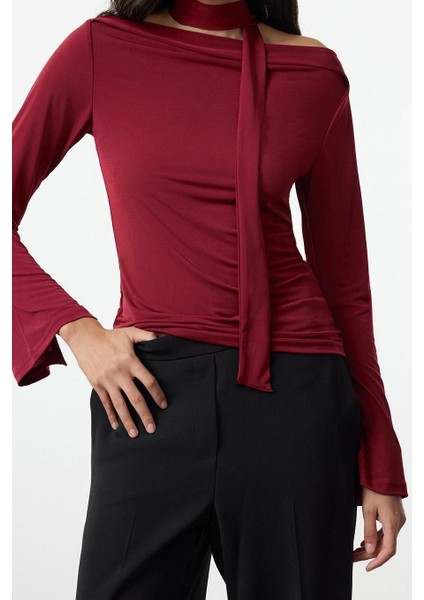 Stil Kadın Şal Detaylı Fitted Vücuda Oturan Esnek Bluz Regular Örme Slim Kalıp Düşük Kol