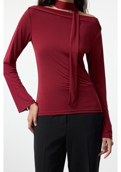 Stil Kadın Şal Detaylı Fitted Vücuda Oturan Esnek Bluz Regular Örme Slim Kalıp Düşük Kol modelleri