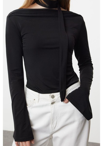 Stil Kadın Şal Detaylı Fitted Vücuda Oturan Esnek Bluz Regular Örme Slim Kalıp Düşük Kol
