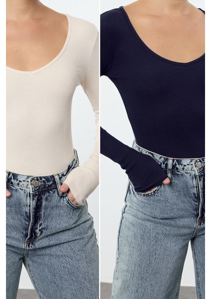 Stil Kadın 2li Paket Fitted Vücuda Oturan Pamuklu Esnek Bluz Regular Örme Slim Kalıp