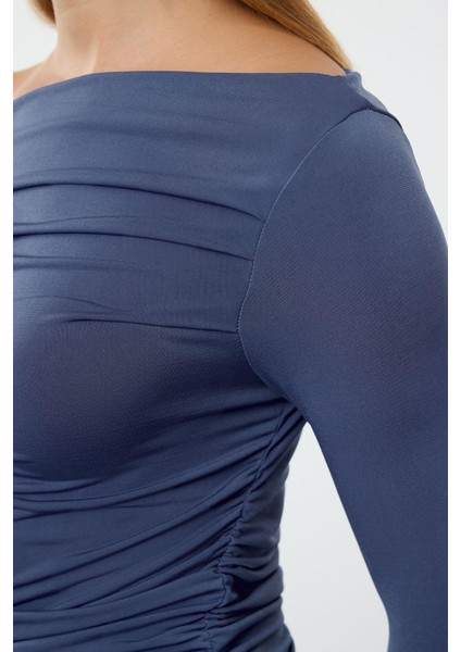 Kadın Regular Asimetrik Yaka Slim Kalıp Örme Büzgü Drape Fitted Vücuda Oturan Kollu Esnek Bluz fırsatları