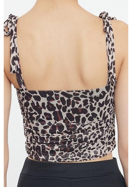 Kadın Moda Şık Crop Kare Yaka Slim Kalıp Örme Animal Leopar Desenli Bağlama Detaylı Esnek Bluz indirimleri